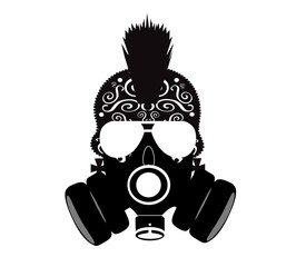 Skull icon with gas mask and mohawk, black and white vector illustration. 