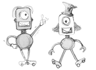 Robot shows a thumbs up and a robot in a cap.Ink drawing.Two funny robots.
