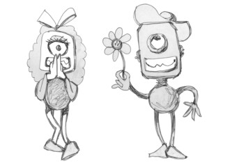 Robot love. The guy gives a flower to the girl. Two cartoon characters.