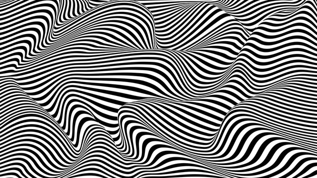 Vector optical illusion with black and white lines. Abstract curve wave background.