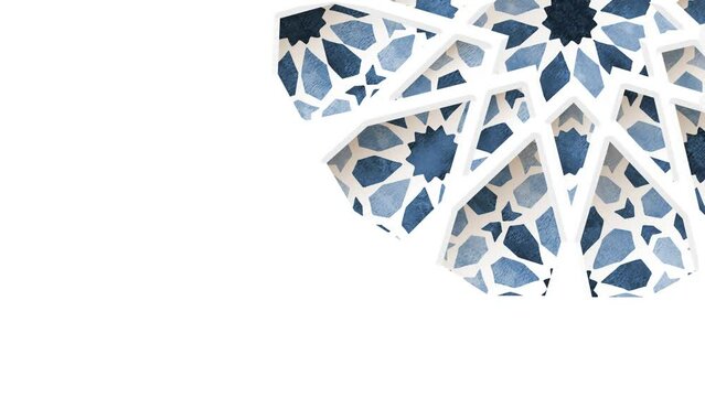 Rotating traditional blue arabic pattern. Arabesque through white silhouette of star shaped ornamental mosque window. White background. Ramadan, Eid ul Fitr graphic animation, loopable Islamic design.