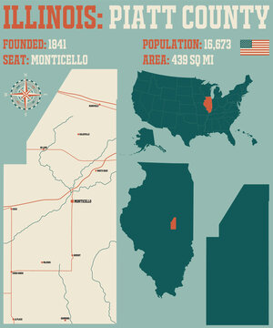 Large And Detailed Map Of Piatt County In Illinois, USA.