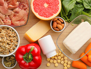 Set of healthy products with pills on wooden background