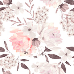 Naadloze patroon van roze blush bloemen getekend met aquarel. Voor het ontwerp van het behang of de stof, vintage stijl. Bloeiende bloem schilderij voor de zomer. Plantkunde achtergrond.