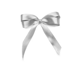 Beautiful silver ribbon bow on white background