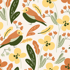 Naklejka premium Seamless spring pattern with flowers, berries and leaves. Creative floral texture. Great for fabric, textile Vector Illustration