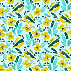 Seamless spring pattern with flowers, berries and leaves. Creative floral texture. Great for fabric, textile Vector Illustration