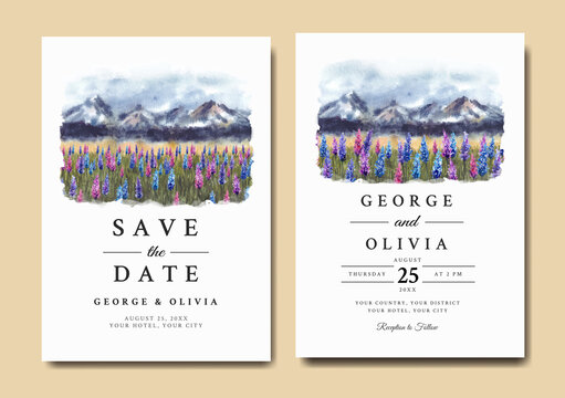 Wedding invitation with beautiful lavender flowers and mountains watercolor
