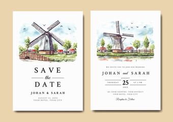 Watercolor wedding invitation of nature landscape with windmill and house
