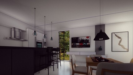 kitchen island with minibar in dinning area 3d illustration