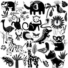 Set of black and white jungle animals and exotic tropical leaves. African animals, sloth, bird, elephant, koala, giraffe, flamingo, rhino, crocodile, monkey and palm trees. Cute animals. Vector.