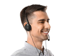 Male consultant of call center in headset on white background