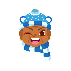 Isolated blue scarf old woman christmas emoji cute face vector illustration