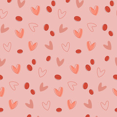 Coffee lovers vector pattern. Beige, brown, natural colored hearts and coffee beans. Wrapping paper. Menu design.
