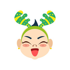 Isolated green reindeer baby christmas emoji cute face vector illustration