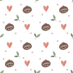 Endless sloth watercolor pattern for kids. Animal face background with hearts. © aliaross