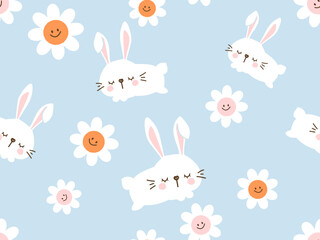 Seamless pattern with jumping rabbit cartoons and daisy flower on blue background vector. Cute nursery wall decoration.