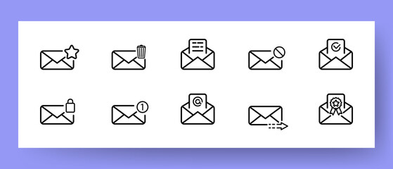 Message icons set. Icons for sending message, deleting message, new message and checkmark message. Communication concept. Vector EPS 10