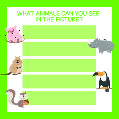 What animals can you see in the picture worksheet. Cute printable template. Preschool Education. Vector illustration.