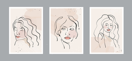 Modern abstract line minimalistic  women faces  and arts background with different shapes for wall decoration, postcard or brochure cover design. Vector design