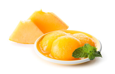 Fototapeta na wymiar Plate with tasty sorbet and melon pieces on white background