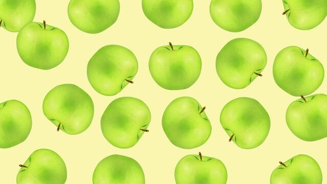 Abstract colorful animation - green apples wiggle at color background. Seamless loop animation.