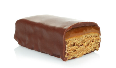 Broken chocolate bar with sweet filling isolated on white background