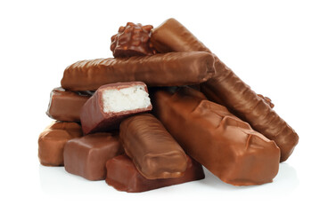 Heap of chocolate bars on white background