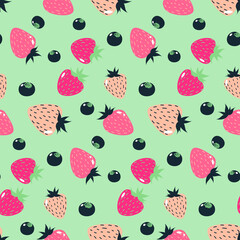 Flat strawberries and blueberries vector pattern on the blue background. Pink, darkpurple cartoon berries. Summer fresh sweet wrapping paper.