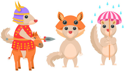 Set Abstract Collection Flat Cartoon Different Animal Tupaia Knight On A Horse In Armor Aand Wwith A Spear, Fox Hat, With An Umbrella In The Rain Vector Design Style Elements Fauna Wildlife