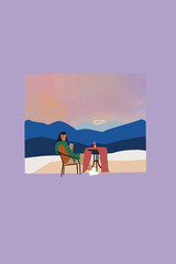 View through the window on the mountain landscape and woman sitting by the table and enjoying nature. Vector illustration. Concept of escaping to nature and feeling calm in mountains