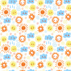 Seamless patterns with funny sun characters. Childish sunny background. Perfect for fabric, textile, wallpaper. Vector illustration