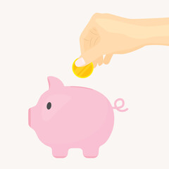 female hand putting a golden coin inside piggy bank, concept of saving money  - vector illustration