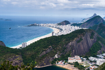 Aerial view of Copacabana beach with its buildings, sea and landscape. Huge hills along the entire length. Immensity of the city of Rio de Janeiro, Brazil in the background