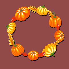 Round background frame with pumpkins, vector, hand drawn, copy space