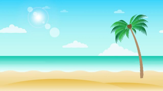 Beautiful beach landscape animation with palm trees - moving along sea side view. Seamless loopable background.