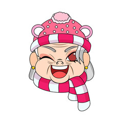 Isolated red scarf old woman christmas borderline cute face vector illustration
