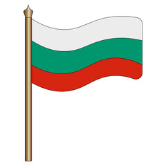 Obraz premium Flag of Bulgaria. Color vector illustration. Three-colored fabric. The national symbol of the state develops in the wind. Cartoon style. Isolated background. Political themes. 