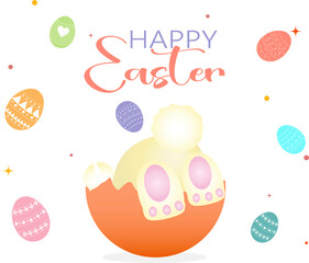 Illustration with bunny and easter eggs, lettering happy easter