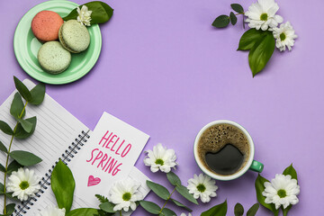 Composition with cup of coffee, cookies, floral decor and card on lilac background. Hello spring