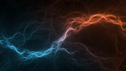 Fototapeta premium Hot orange and cold blue electrical lightning background