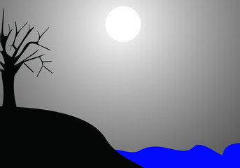 rock tree background and sea water with moon shining on it