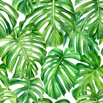 Palm leaves, monstera. Watercolor seamless pattern. Tropical illustration