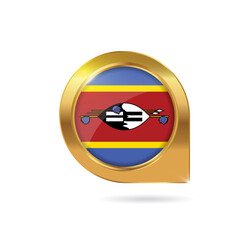 Flag of Swaziland, location map pin, pointer flag, button with the reflection of light and shadow, gold frame, Icon country. Realistic vector illustration on white background