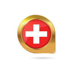 Flag of Switzerland, location map pin, pointer flag, button with the reflection of light and shadow, gold frame, Icon country. Realistic vector illustration on white background