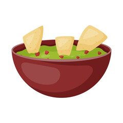 Vector illustration of a plate or bowl with guacamole sauce and nachos chips. Mexican food isolated on white.