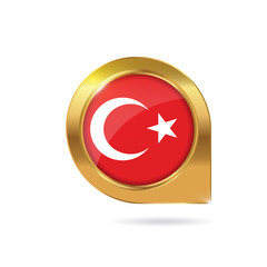 Flag of Turkey, location map pin, pointer flag, button with the reflection of light and shadow, gold frame, Icon country. Realistic vector illustration on white background