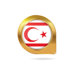 Flag of Turkish Republic of Northern Cyprus, location map pin, pointer flag, button with the reflection of light and shadow, gold frame, Icon country. Realistic vector illustration on white background