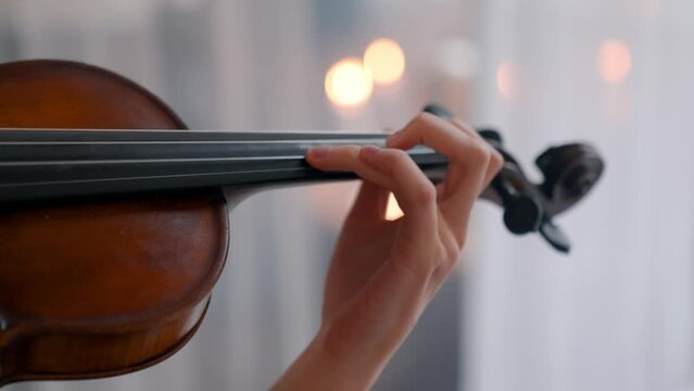 A Young Girl And Man Plays The Violin In A Beautiful Retro Room With Flowers And A Piano.