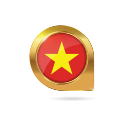 Flag of Vietnam, location map pin, pointer flag, button with the reflection of light and shadow, gold frame, Icon country. Realistic vector illustration on white background